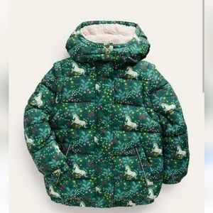 Mini Boden 2 In 1 Green Unicorn Print Convertible Puffer Jacket Size 2-3Y
